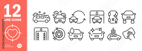 Automobile set icon. Car wash, wheel replacement, service station, polishing, replacement, rental, garage, recycling, etc. Car care concept. Vector line icon for Business and Advertising photo