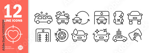 Automobile set icon. Car wash, wheel replacement, service station, polishing, replacement, rental, garage, recycling, etc. Car care concept. Vector line icon for Business and Advertising