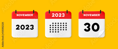 Calendar set icon. Calendar on a yellow background with thirty november, 2023, 30 number text. Reminder. Date menegement concept. Vector line icon for Business and Advertising