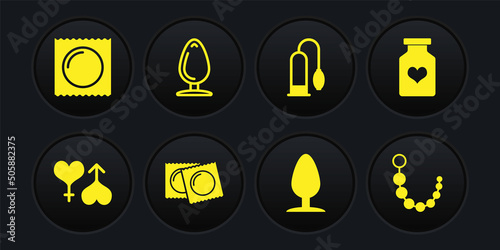 Set Male and female heart, Bottle with pills for potency, Condoms in package, Anal plug, Penis pump, beads and icon. Vector