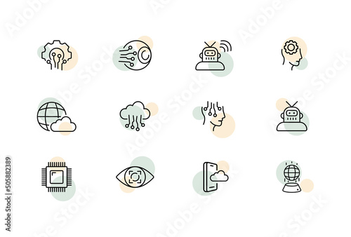 Pictogram set icon. Cloud storage, setting, chip, robot, analytics, eye, memory, processor, technology. Infographic concept. Vector line icon for Business and Advertising