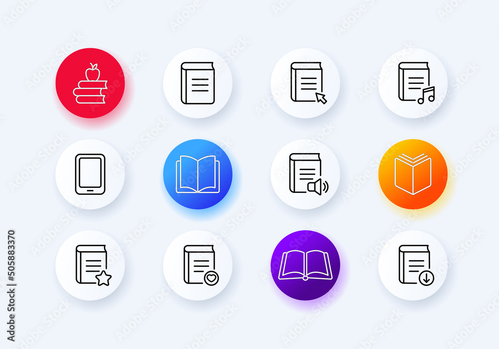 Book set icon. Library, stack of books, ebook, reader, download, audiobook, listen, read, textbook, encyclopedia, etc. Neomorphism style. Vector line icon for Business and Advertising Book set icon. Library, stack of books, ebook, reader, download, audiobook, listen, read, textbook, encyclopedia, etc. Neomorphism style. Vector line icon for Business and Advertising