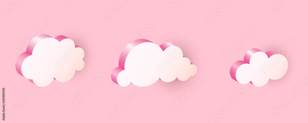3D pink clouds. Realistic icon set, geometric shapes in sunset sky, communication balloon, web internet symbol, meteorology climate element, decorative objects vector isolated illustration