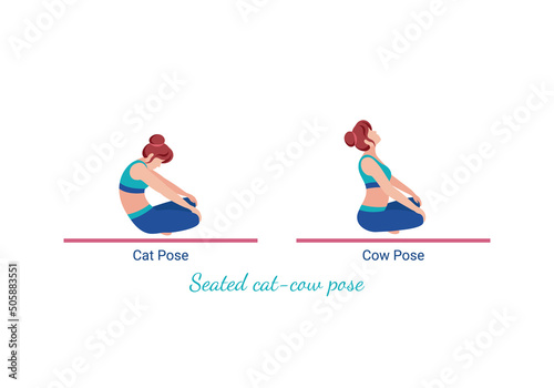 Young woman is sitting in Marjaryasana-Bitilasana. Active woman in Cat-Cow stretching. Girl is exercising enjoying healthy lifestyle. Vector Illustration isolated on white background.