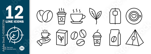 Drink set icon. Coffee beans, latte, cappuccino, tea, hot drinks, tea bag, mug, cup. Beverage concept. Vector line icon for Business and Advertising
