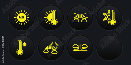 Set Meteorology thermometer, Thermometer with snowflake, Rainbow clouds and sun, and UV protection icon. Vector