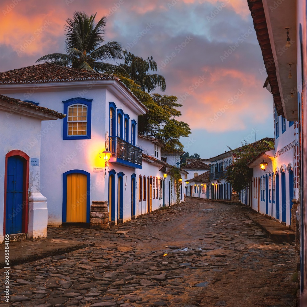 View to the streets of the colonial city of paraty at the sunrise with the street light on in Rio de Janeiro - Brasil View to the streets of the colonial city of paraty at the sunrise with the street light on in Rio de Janeiro - Brasil