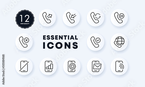 Basic phone function set icon. Incoming, outgoing, received, rejected, missed call. Support service. Number. Silent mode. settings, messages. Neomorphism style. Vector line icon for Business