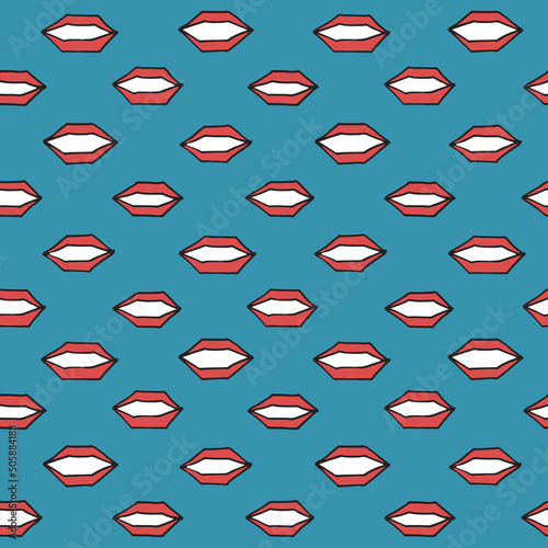 Seamless stylish minimalistic pattern with red lips on blue background