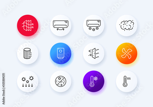 Air filtration set icon. Air conditioning, cold, heat, virus, fan, propeller, thermometer, etc. Fresh air concept. Neomorphism style. Vector line icon for Business and Advertising