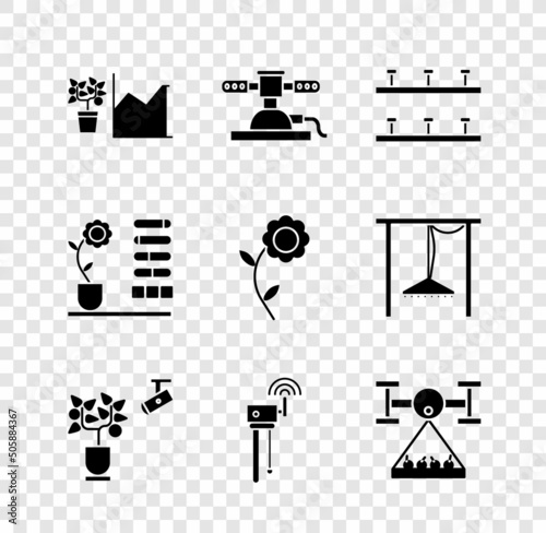 Set Flower statistics, Automatic irrigation sprinklers, Smart farming technology, Router and wi-fi signal, with drone, status and icon. Vector