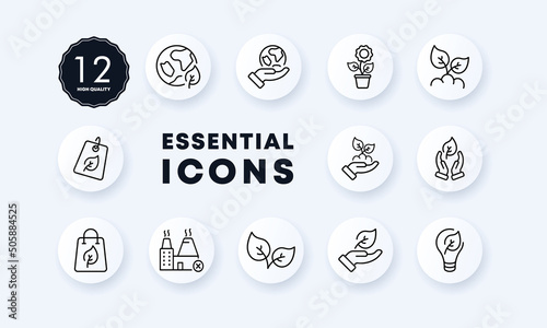 Green peace set icon. Plant, planet, west, flower, tree leaf, green energy, greenery. Ecology concept. Neomorphism style. Vector line icon for Business and Advertising