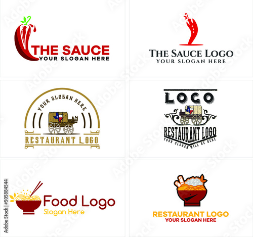 A set of illustration logo design with symbol chili the sauce, horse carriage, and noodle bowl vector design suitable for snack food restaurant label company. Isolated on white background