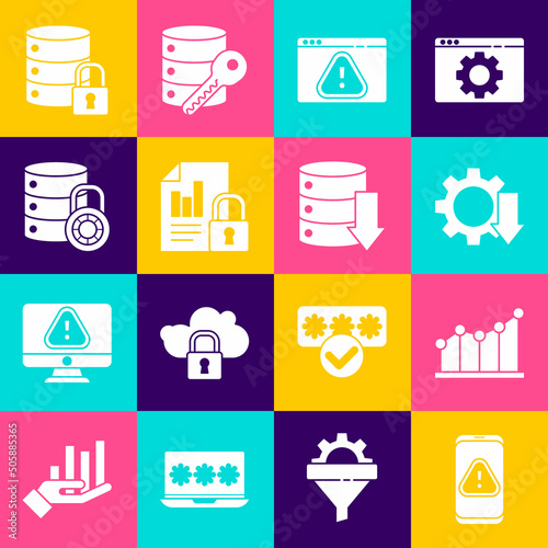 Set Mobile with exclamation mark, Pie chart infographic, Cost reduction, Browser, Document and lock, Server security, and Server, Data, Web Hosting icon. Vector