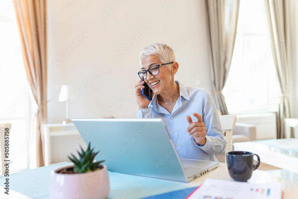 Φωτογραφία Smiling mature beautiful business woman with white hair working on laptop in bright modern home office