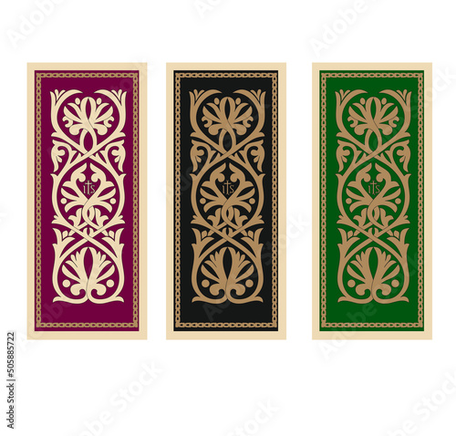 GOLD EMBROIDERY FOR LITURGICAL CLOTHES AND SACRED CEREMONIES. SACRED CATHOLIC SYMBOLS IN ANCIENT STYLE WITH GOLDEN DECORATIONS