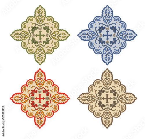 GOLD EMBROIDERY FOR LITURGICAL CLOTHES AND SACRED CEREMONIES. SACRED CATHOLIC SYMBOLS IN ANCIENT STYLE WITH GOLDEN DECORATIONS