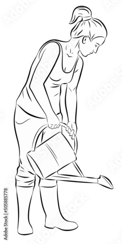 illustration of woman gardener watering, vector drawing