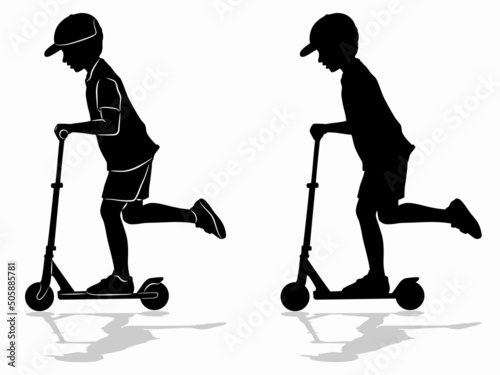 silhouette of boy on a scooter, vector drawing