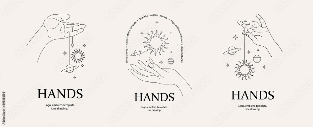 Magical hand. Hands, planets, sun and stars.