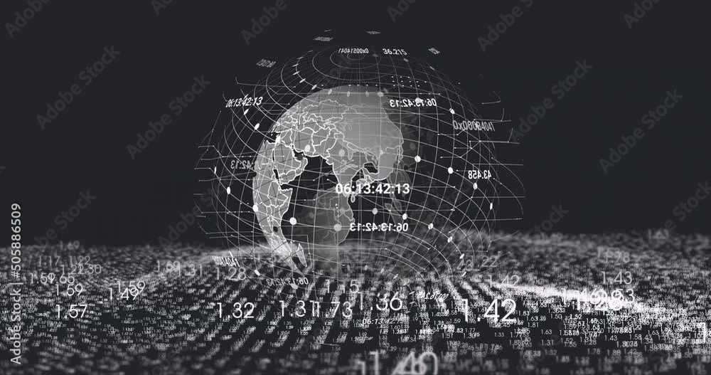 Animation of globe rotating over digital space on black background