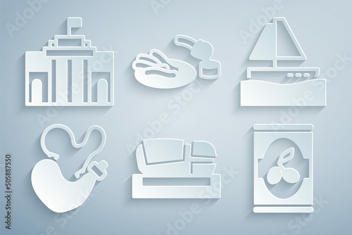 Set Stadium Mestalla, Yacht sailboat, Spanish wineskin, Olives can, Churros and chocolate and Prado museum icon. Vector photo