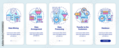 Collecting and processing data onboarding mobile app screen. Technology walkthrough 5 steps graphic instructions pages with linear concepts. UI, UX, GUI template. Myriad Pro-Bold, Regular fonts used