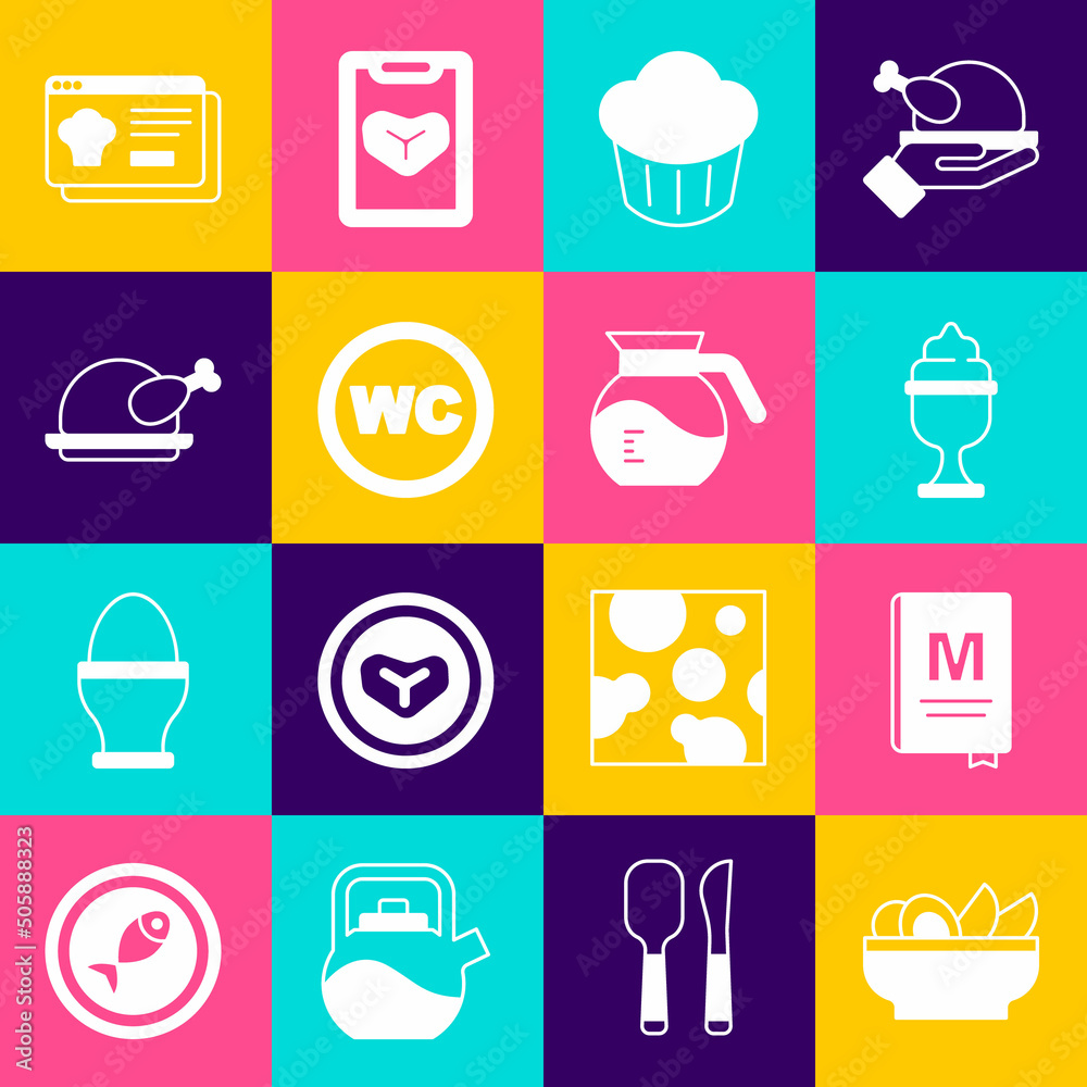 Set Nachos in plate, Restaurant cafe menu, Ice cream bowl, Cupcake, Toilet, Roasted turkey or chicken, Online ordering and delivery and Coffee pot icon. Vector Set Nachos in plate, Restaurant cafe menu, Ice cream bowl, Cupcake, Toilet, Roasted turkey or chicken, Online ordering and delivery and Coffee pot icon. Vector
