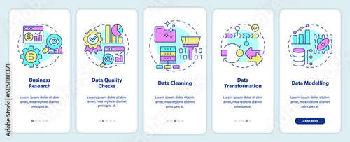 Data mining process onboarding mobile app screen. Machine learning walkthrough 5 steps graphic instructions pages with linear concepts. UI, UX, GUI template. Myriad Pro-Bold, Regular fonts used
