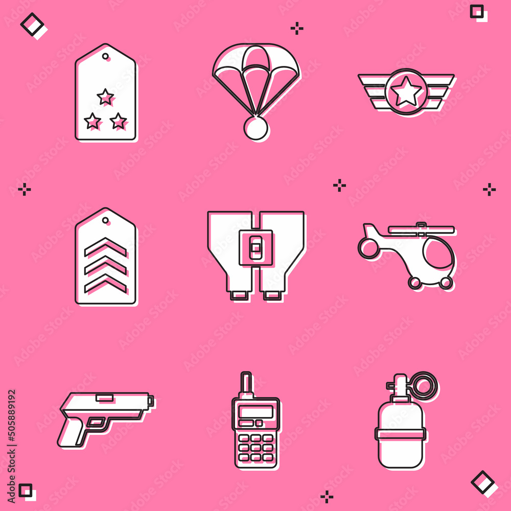 Set Military rank, Parachute, Star American military, Chevron, Binoculars, Helicopter, Pistol or gun and Walkie talkie icon. Vector Set Military rank, Parachute, Star American military, Chevron, Binoculars, Helicopter, Pistol or gun and Walkie talkie icon. Vector