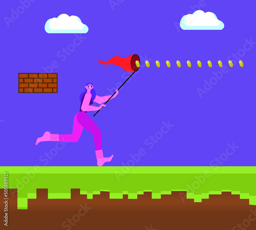 Illustration of flat female character running in a old school platform video game and collecting gold coins, persom chasing money, vector. photo