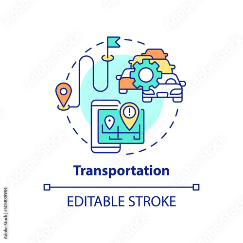 Transportation concept icon. Big data application abstract idea thin line illustration. Passenger volumes prediction. Isolated outline drawing. Editable stroke. Arial  Myriad Pro-Bold fonts used
