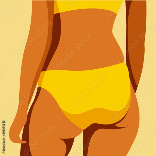 vector image on the theme of summer vacation and beach holidays. tanned beautiful female buttocks in a bright yellow swimsuit on the beach. useful for web design, flyers, placards, posters, prints.