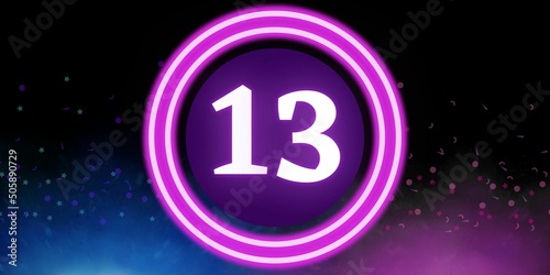 Number 13. Banner with the number thirteen on a black background and blue and purple details with a circle purple in the middle photo