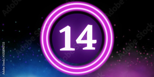Number 14. Banner with the number fourteen on a black background and blue and purple details with a circle purple in the middle photo