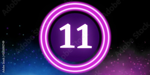 Number 11. Banner with the number eleven on a black background and blue and purple details with a circle purple in the middle photo