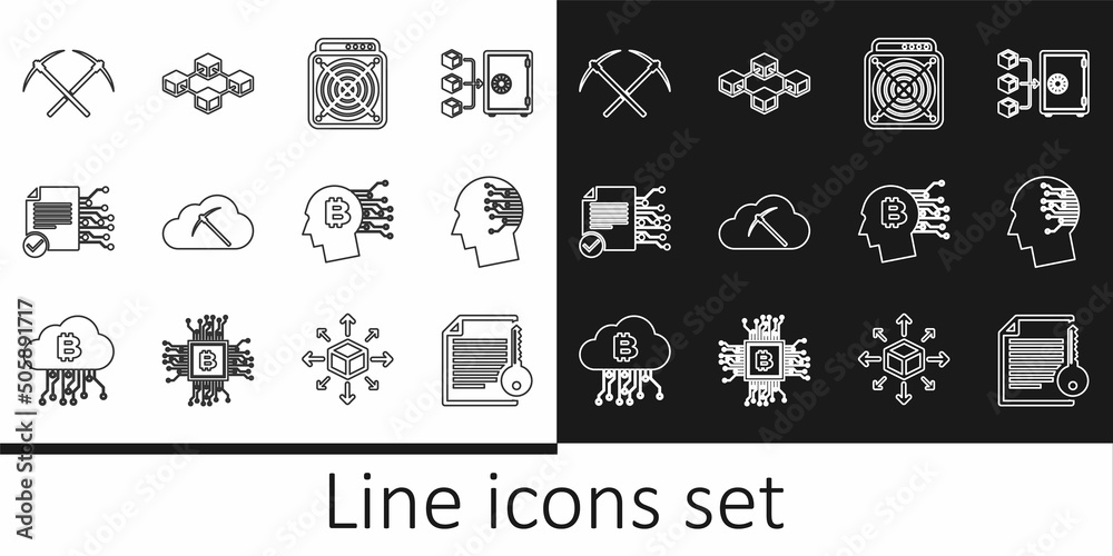 Set line Smart contract, Brain as digital circuit board, ASIC Miner, Cryptocurrency cloud mining, Crossed pickaxe, Bitcoin think and Blockchain technology icon. Vector