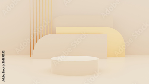 Cosmetic banner with realistics podium and gifts box luxury with ribbon gold and balloons element. 3d render.