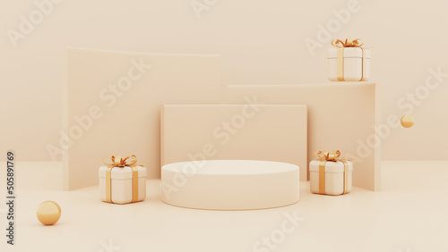 Cosmetic banner with realistics podium and gifts box luxury with ribbon gold and balloons element. 3d render. © Lookidea Stock