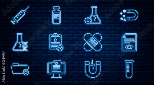 Set line Test tube or flask, Paper page with eye, Bioengineering, Clipboard blood test, DNA research, search, Syringe, Crossed bandage plaster and Medical vial, ampoule icon. Vector
