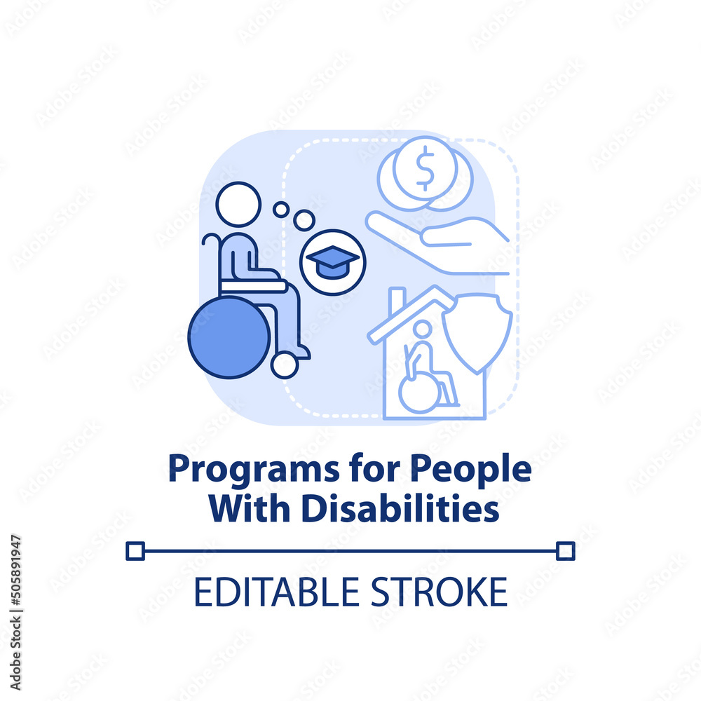 Programs for people with disabilities light blue concept icon. Government benefit abstract idea thin line illustration. Isolated outline drawing. Editable stroke. Arial, Myriad Pro-Bold fonts used