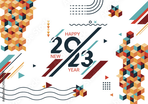 Happy new year 2023 cover with modern geometric abstract background. Happy new year greeting card banner design for 2023 calligraphy includes colorful shapes. Vector illustration