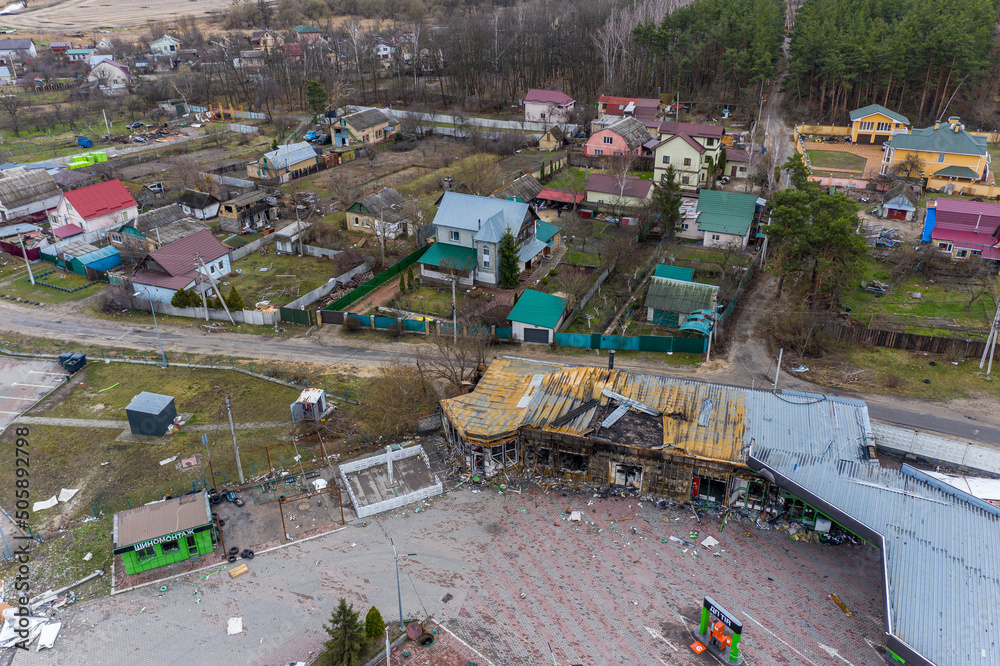 Irpin, Kyev region Ukraine - 09.04.2022: Top view of gas stations and other buildings destroyed by rocket attacks by Russian troops.