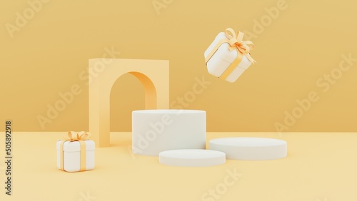 Minimal Abstract background, yellow color gift box clouds,mockup for podium,modern stage, display or showcase, 3d rendering.