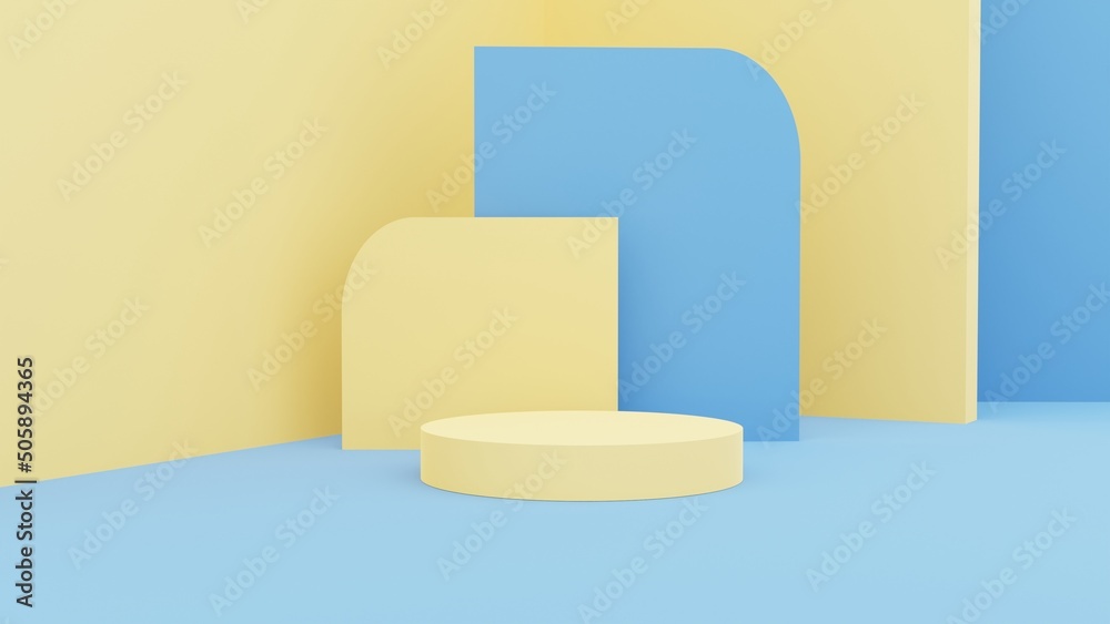 Gift yellow podiums on pastel background. Abstract minimal scene with geometrical. Scene to show cosmetic products presentation. Mock up design empty space. Showcase, shopfront, display case,3d render