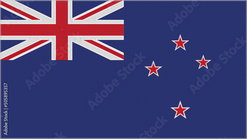 New Zealand embroidery flag. Emblem stitched fabric. Embroidered coat of arms. Country symbol textile background.