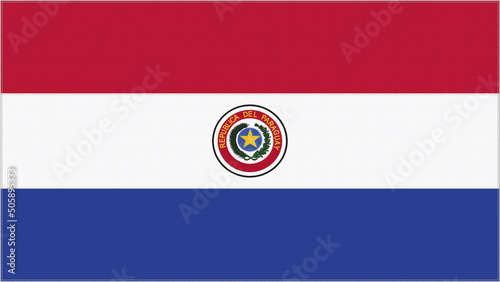 Paraguay embroidery flag. Paraguayan emblem stitched fabric. Embroidered coat of arms. Country symbol textile background.