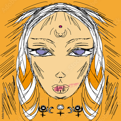 Young soothsayer with lilac eyes, clairvoyant, sorceress, astrological symbols, freehand drawing, vector. Smeared lipstick, girl, doll, long braids