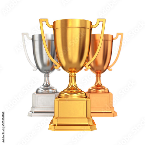 Set of trophy cups victory symbol gold silver bronze on white background, 3d render