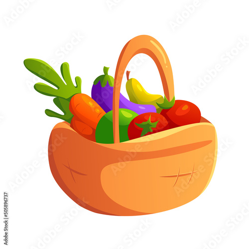 Basket with fruits and vegetables isolated on white background. Harvest Festival. Fresh Organic Products from Local Farmers Market. Colorful cartoon vector illustration.
